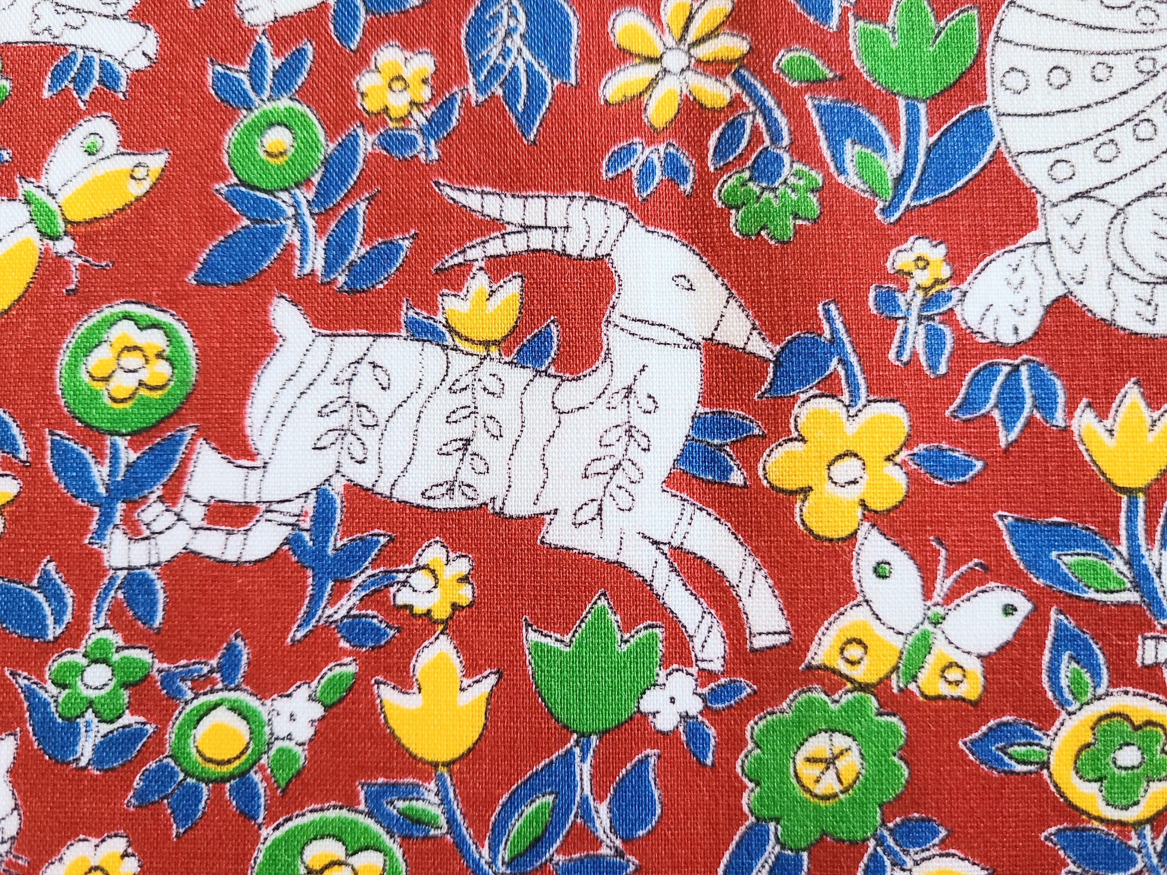 1960s 1970s Retro Fabric - Cotton - Elephant Flower Power - Fabric Remnant - 6C402