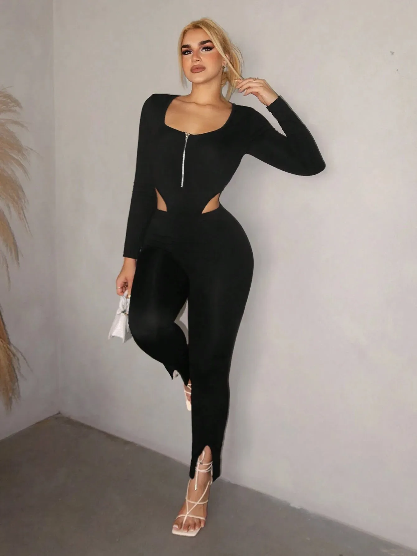 2pcs Women's Solid Color Sweetheart Collar Zipper Jumpsuit And Leggings Set, Spring And Autumn