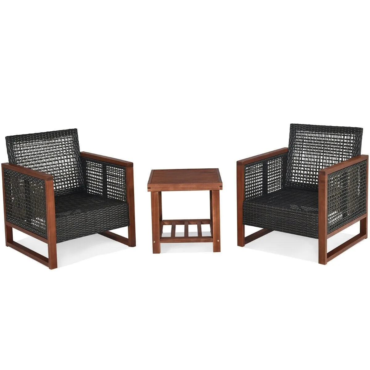 3pc Wicker Rattan Patio Furniture Set with Wooden Frame - Beige