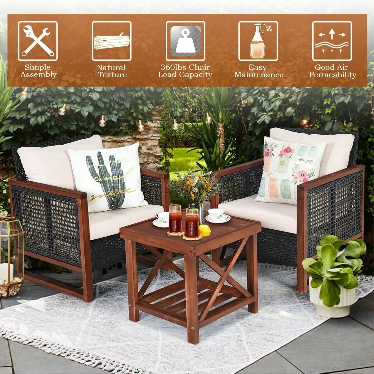 3pc Wicker Rattan Patio Furniture Set with Wooden Frame - Beige