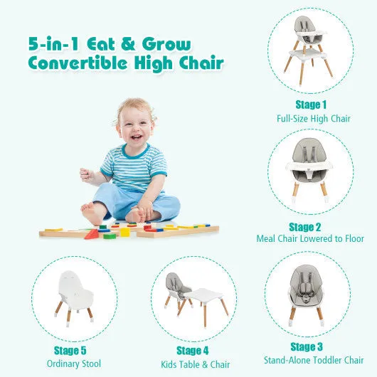 5-in-1 Baby Wooden Convertible High Chair -Gray