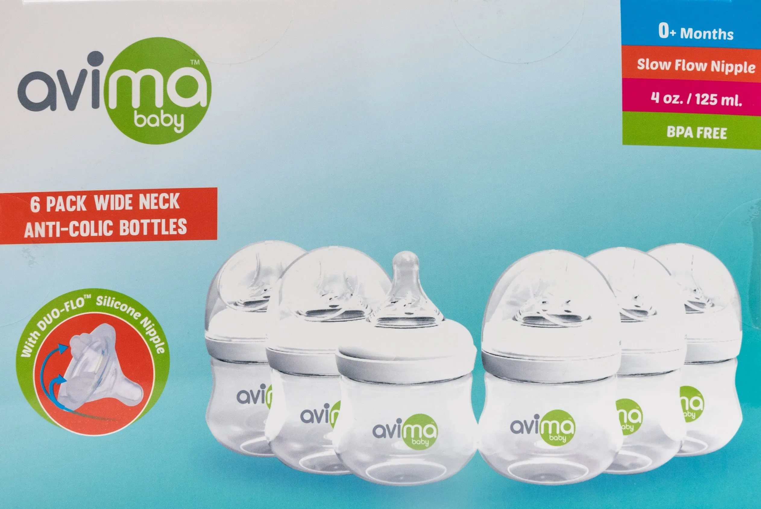 Avima Baby Bottles — 4 oz. Wide Neck, Slow Flow (Set of 6)