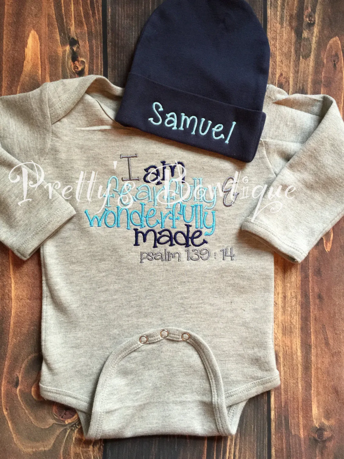 Baby boy coming home outfit bodysuit and beanie -- I am fearfully & wonderfully made psalm 139:14.  Perfect coming home outfit