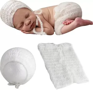 Babymoon Set of 2 | Bow Cap & Pent | Newborn Outfits| Baby Photography Props Costume | White