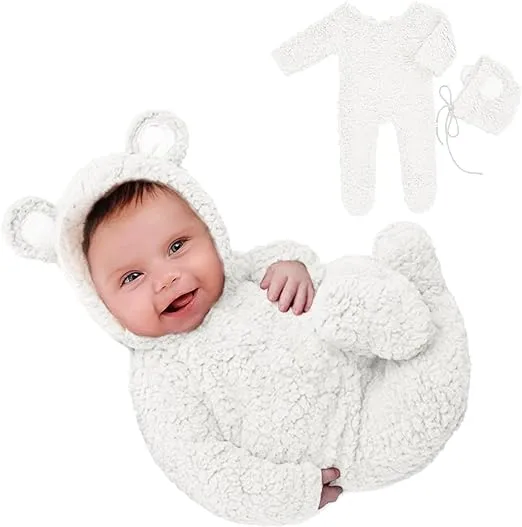 Babymoon Set of 2 | Fleece Suit with Infant Baby Bear Cap Hat | Baby Photography Props Costume | Baby Gift Set | 0-1Yr | White