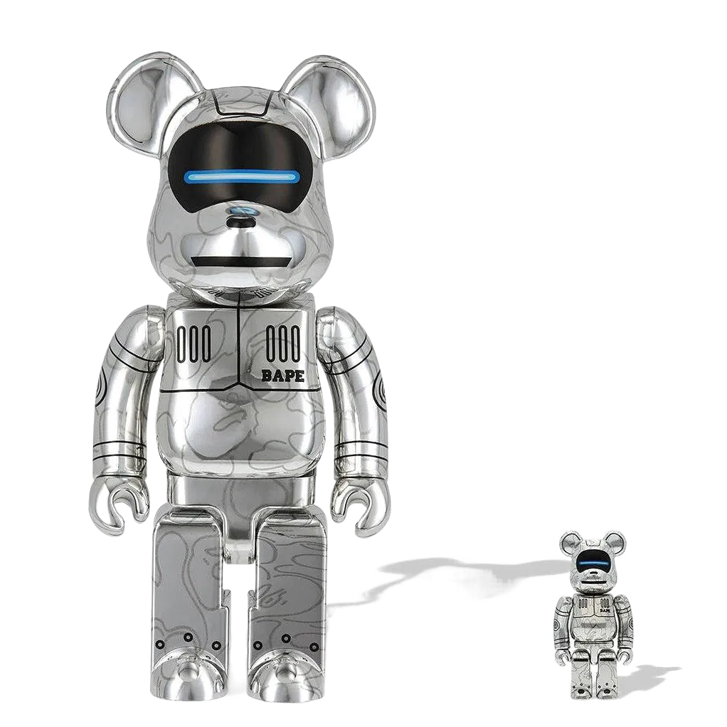 Bearbrick x Bape x Hajime Sorayama Baby Milo 400% & 100% Set Silver