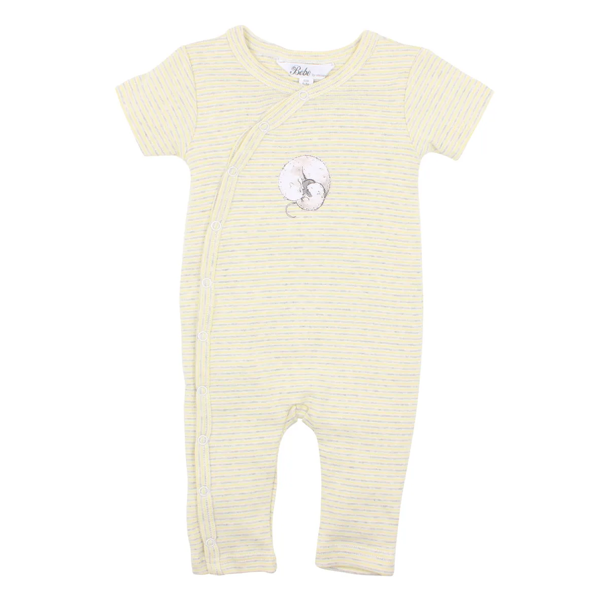 Bebe Unisex Mock Wrap Romper in Lemon Stripe