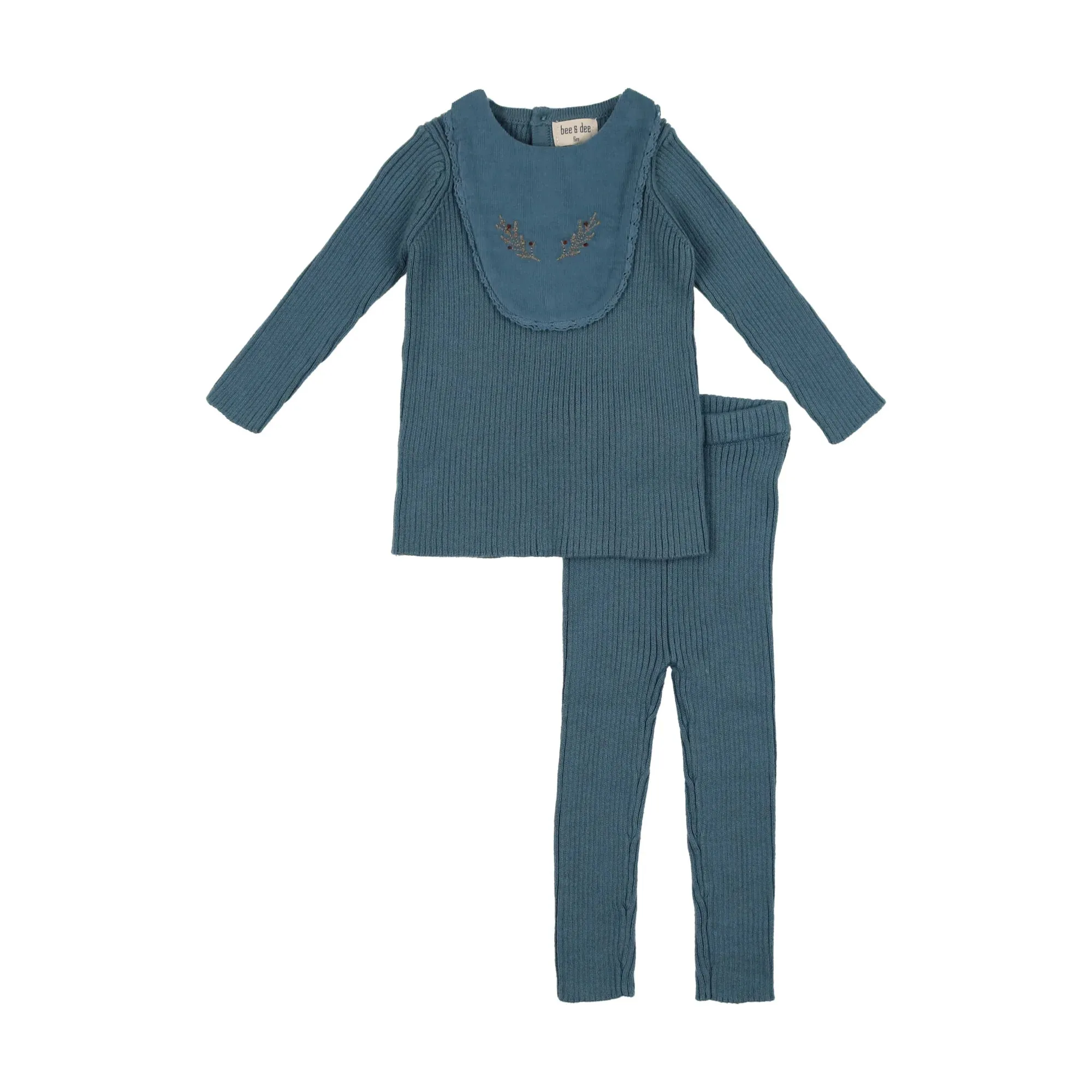 Bee & Dee Blue Knit Embroidered Bib Outfit