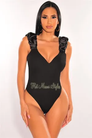 Black Sweetheart Satin Ruched Straps Sleeveless Bodysuit