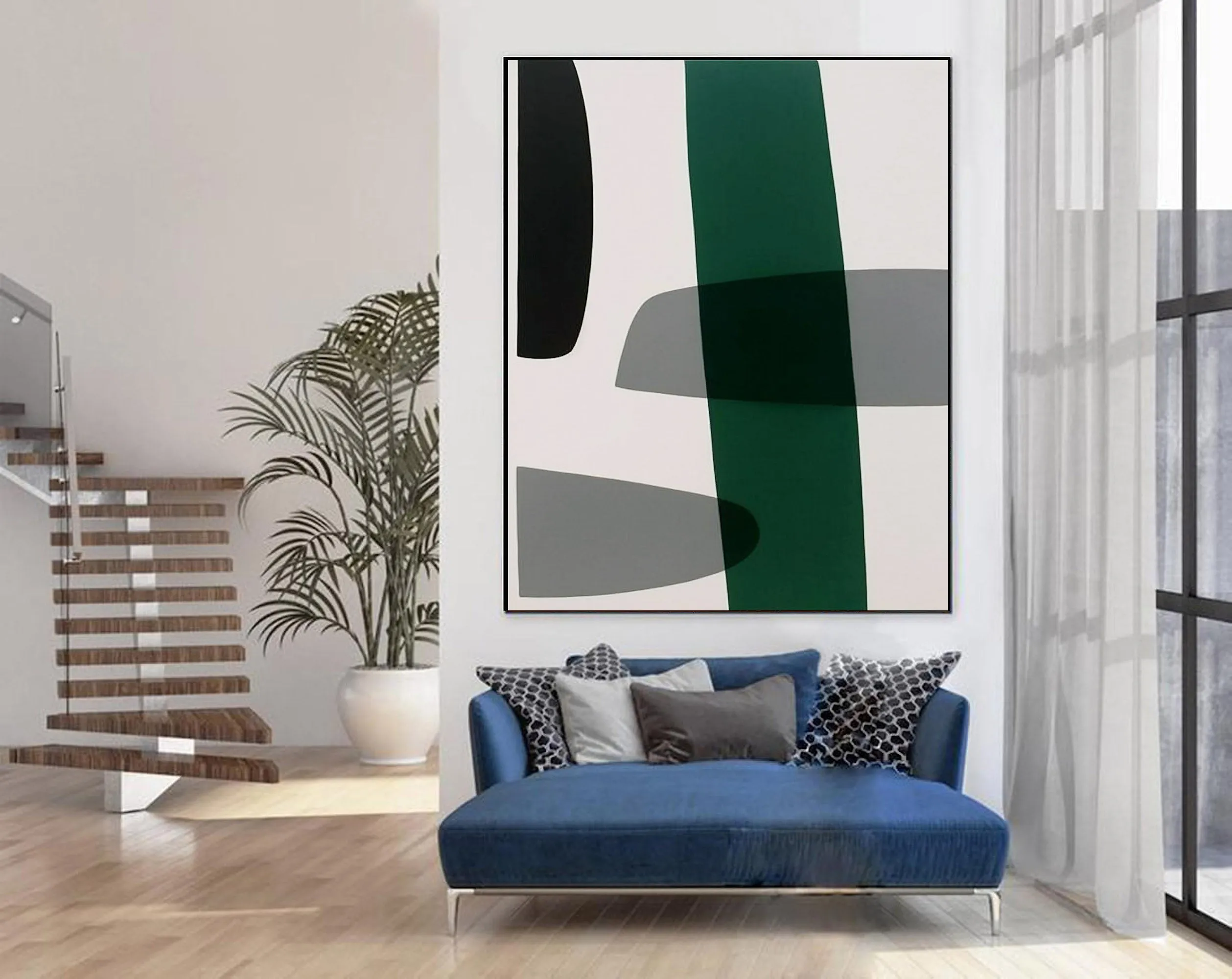 Black White Green Abstract Painting Home Bedroom Wall Decor Geometric Wall Art GE002