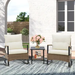 EAGLE PEAK 3 Piece Wicker Outdoor Rocking Chairs Bistro Set, 2 Rocker Outdoor Chairs Conversation Set w/Removable Cushions & 1 Side Table, Gray/Beige