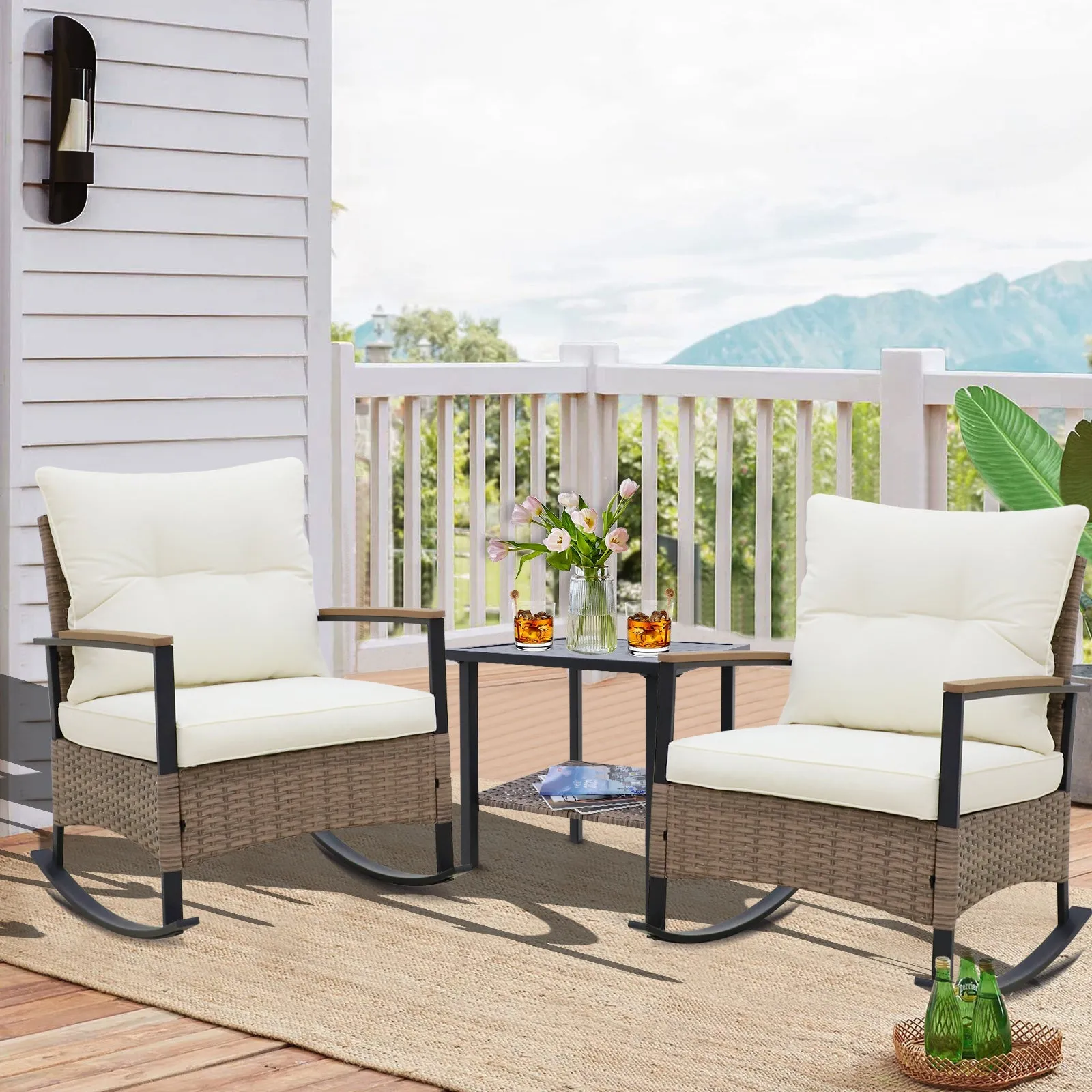 EAGLE PEAK 3 Piece Wicker Outdoor Rocking Chairs Bistro Set, 2 Rocker Outdoor Chairs Conversation Set w/Removable Cushions & 1 Side Table, Gray/Beige