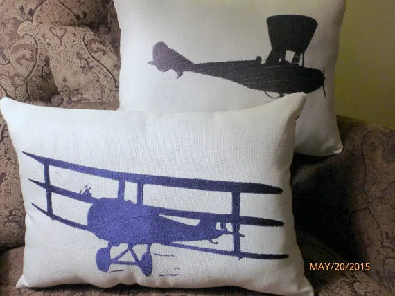 Embroidered Airplane Pillow, Antique Biplane pillow