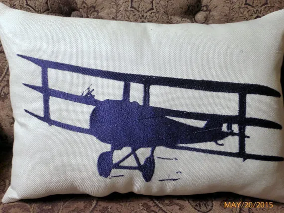 Embroidered Airplane Pillow, Antique Biplane pillow