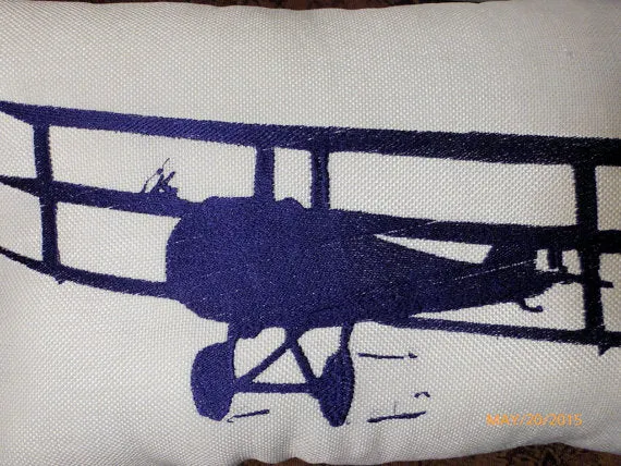 Embroidered Airplane Pillow, Antique Biplane pillow