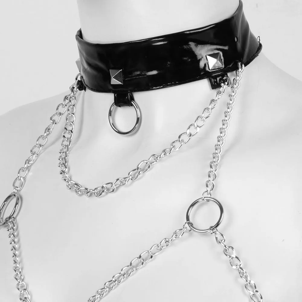 'Entrapment' Black or Red Chain Choker Wet Look Patent Leather Bodysuit