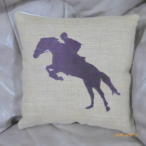 Equestrian pillow, Embroidered Burlap Horse pillow, Equestrian rider