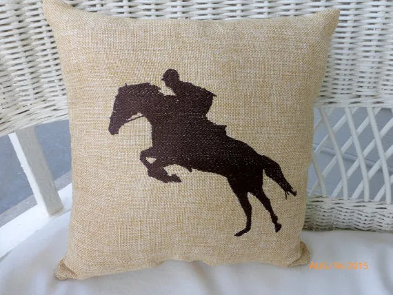 Equestrian pillow, Embroidered Burlap Horse pillow, Equestrian rider