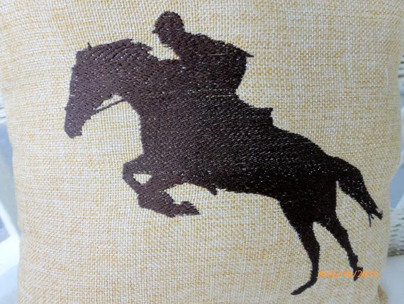 Equestrian pillow, Embroidered Burlap Horse pillow, Equestrian rider