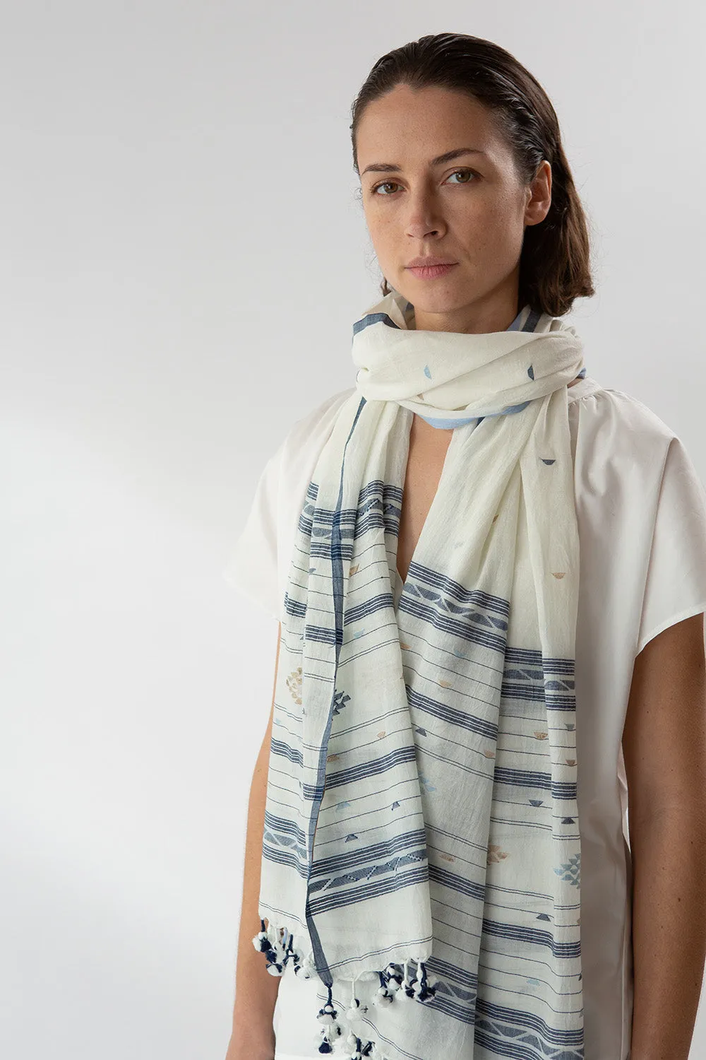 Jamdani Khadi Shawl In Chambray Stripe