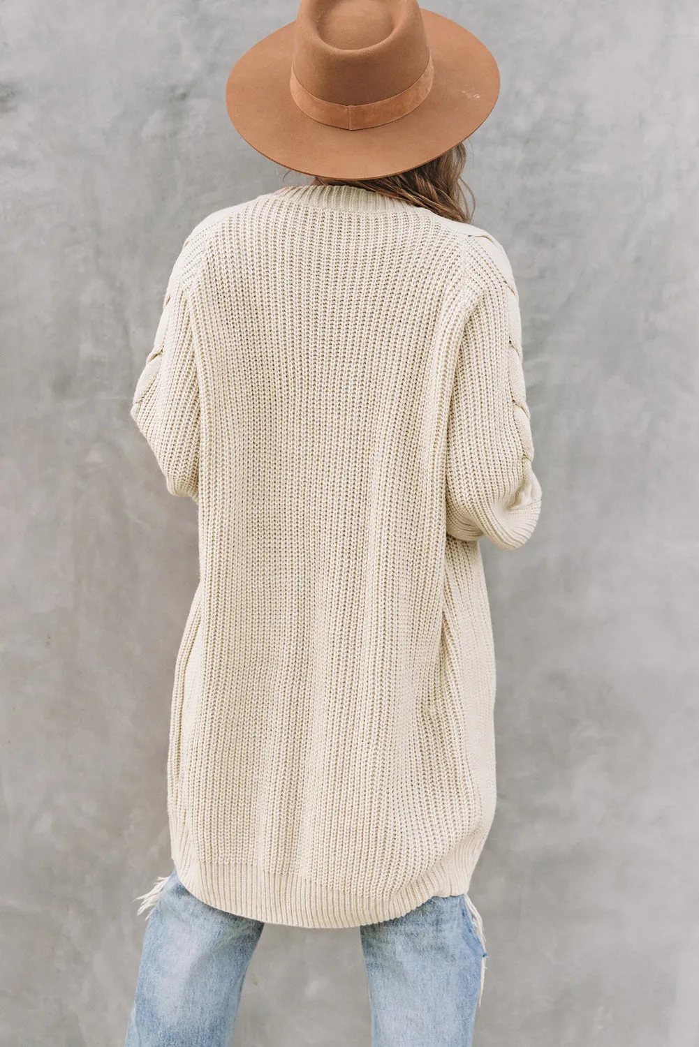 Open Front Cable Sleeve Long Cardigan