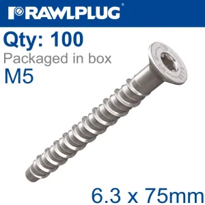 RAWLPLUG CONCRETE SCREWBOLT M5 6.3X75MM CSK ZINC FL X100-BOX RAW R-LX-05X075-CS-ZF