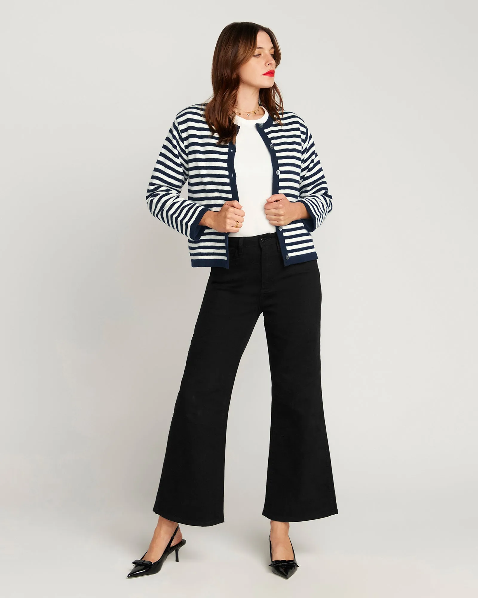 Stripe Cardigan In Cotton & Cashmere - Navy Blue & White Stripe