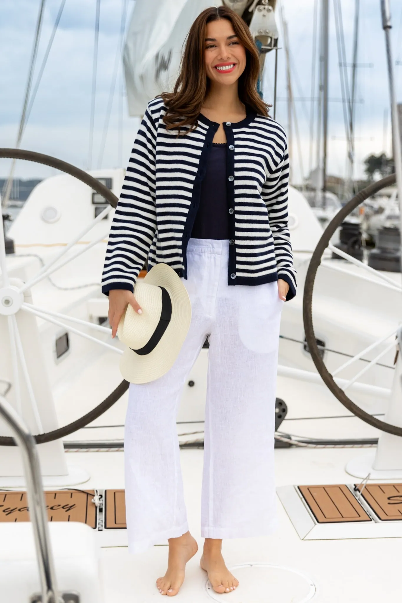 Stripe Cardigan In Cotton & Cashmere - Navy Blue & White Stripe